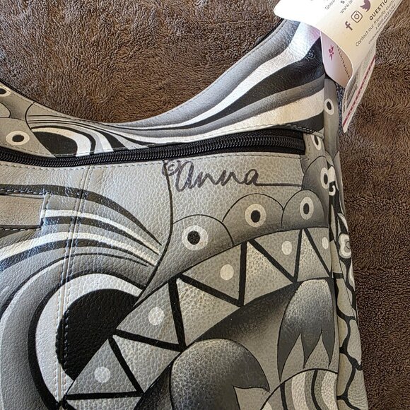 Anuschka Medium Hobo Hand Painted Leather Shoulder Bag Patchwork Pewter NWT - Picture 12 of 16